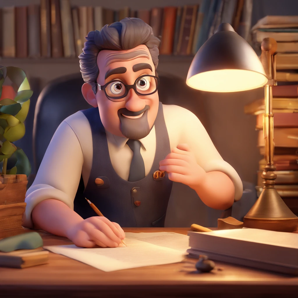 Create a Disney Pixar-inspired poster with the character of Pastor Rubens Janier, Un homme aux cheveux gris portant des lunettes, dans un bureau avec une Bible sur la table