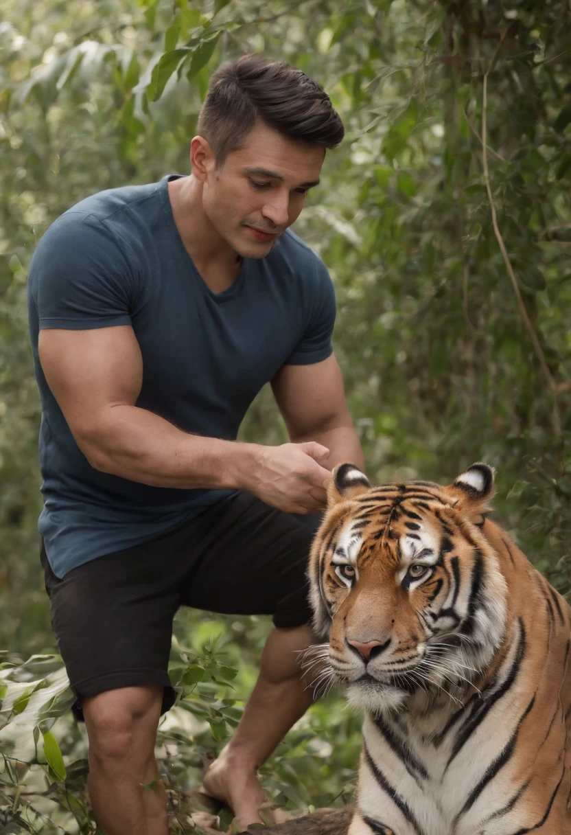 By using letter K generate a ocean and a man fighting in the river with a tiger animal s or watching it in forest