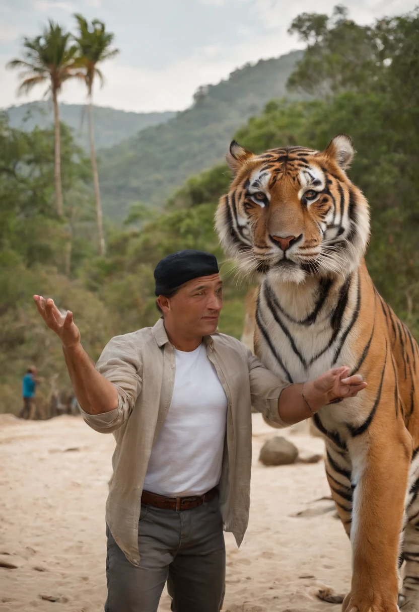 There is a vietnamese man is feeding tiger when posing for a photo, inspirado em Ludovit Fulla, Avatar do Second Life, Gorjetando seu fedora, inspirado em Luca Zontini, bonito impressionante realista, inspirado em Maximilian Cercha, Christian, inspirado em Ramon Pichot, inspired by Kristian Kreković, inspirado em Adam Dario Keel, chilled out smirk on face