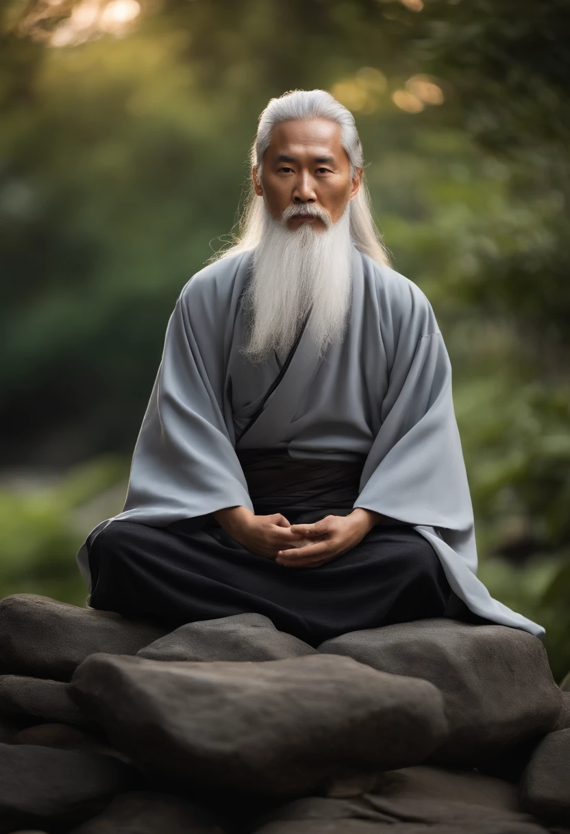 30-year-old Asian middle-aged Taoist elder sitting on stone close-up,Long whit hair,long beard,Cross-legged meditation,Daoism, Wearing a gray robe,magic aura,Master of Taoism,Taoist,at centre,Face the lens,Very bright colors, light Particle, with light glowing, Mushiv, Wallpaper Art, UHD Wallpapers