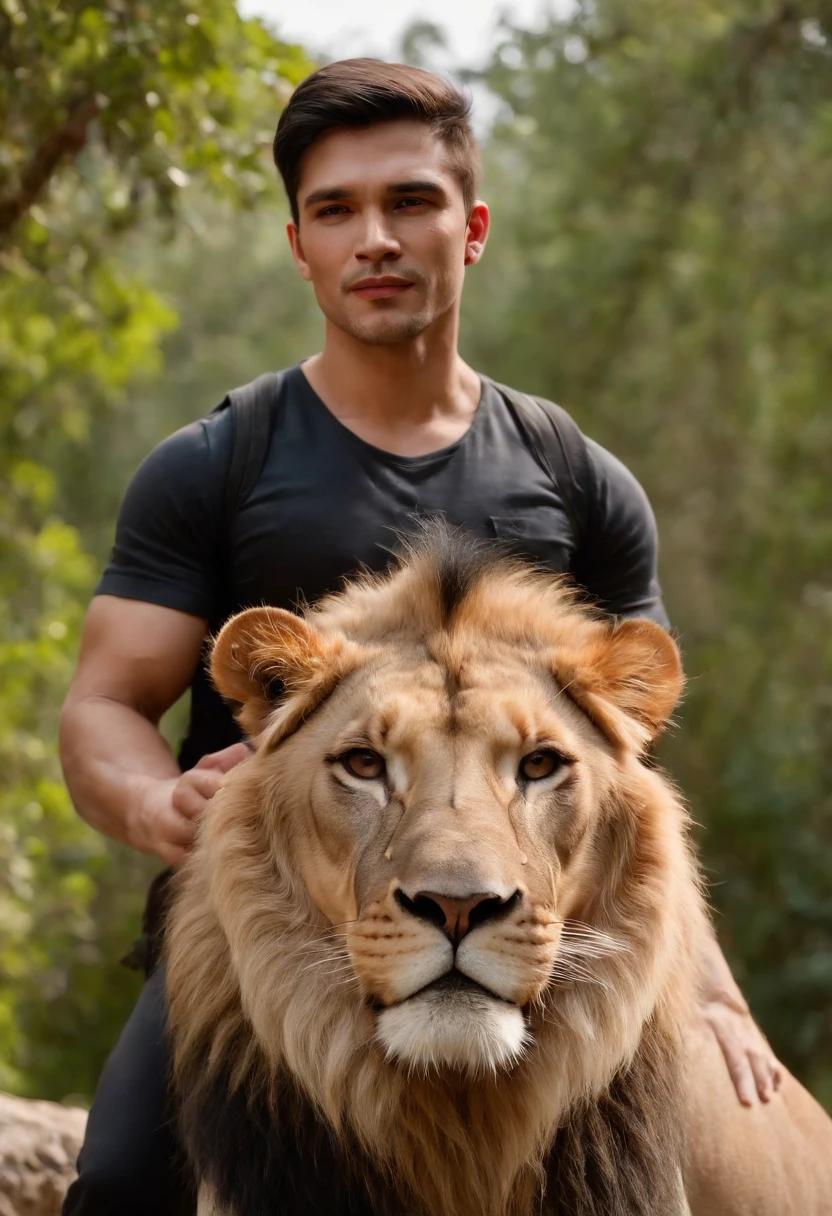 A handsome, muscular, muscular Indonesian young man without clothes, wearing only trousers, jeans, sitting on a wooden chair with a big lion while looking at the camera with a mountainous background.