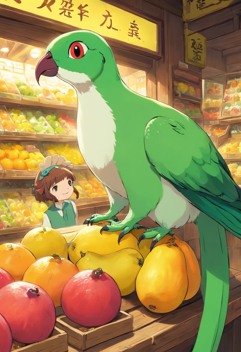 Um ringneck verde pequeno ao lado de outro ringneck amarelo e grande, Na Ice Fruit Shop , Luz solar fora da janela.