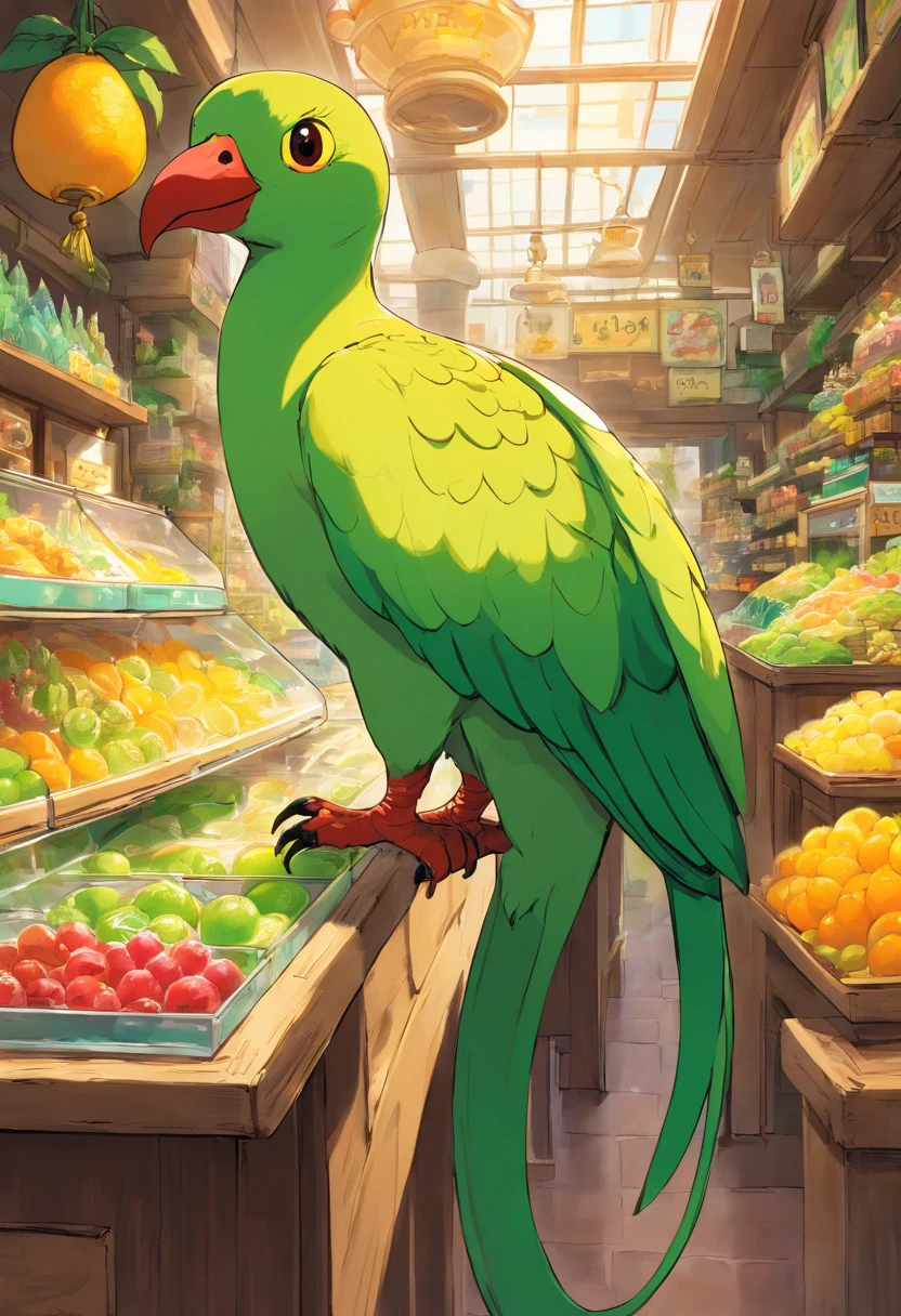 Um ringneck verde pequeno ao lado de outro ringneck amarelo e grande, Na Ice Fruit Shop , Luz solar fora da janela.