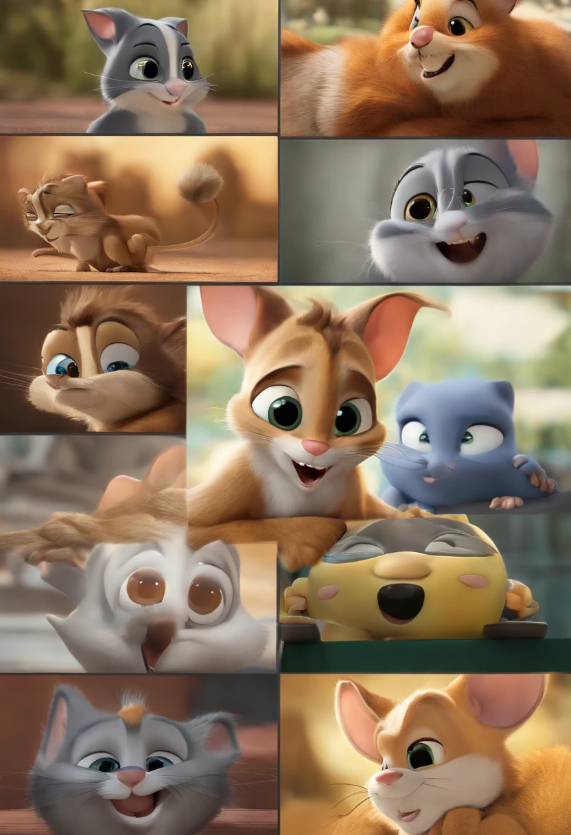 Os personagens Tom & Jerry futurista, mas realista, inspired by Pixar animation, assistindo TV e comendo pipoca. Characters take center stage with smiling facial expressions, oferecendo um toque de irrealidade, is the title The Best Content Only Here on OnPlayBR.