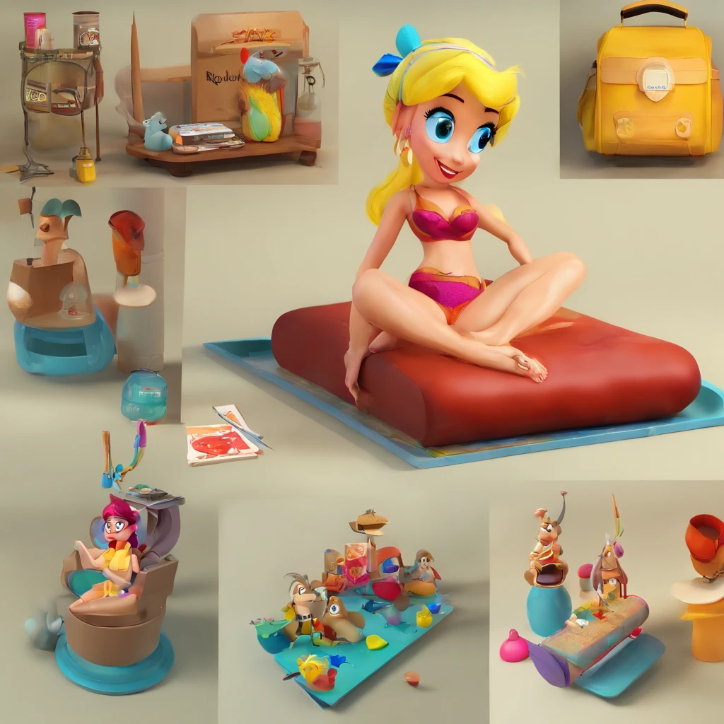create a 3D movie poster inspired by Disney Pixar, The scene should be in Pixar's signature digital art style, com uma imagem caricatural que lembra a cantora brasileira "Anita" in the prone position, Wearing a bikini while a tattoo artist is sitting tattooing with a giant ring on one hand, inside a tattoo parlor.