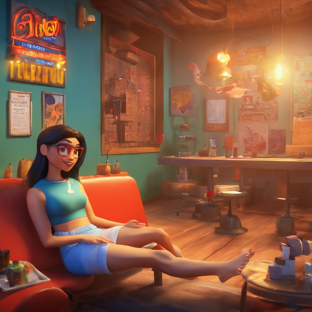 create a 3D movie poster inspired by Disney Pixar, The scene should be in Pixar's signature digital art style, com uma imagem caricatural que lembra a cantora brasileira "Anita" in the prone position, Wearing a bikini while a tattoo artist is sitting tattooing with a giant ring on one hand, inside a tattoo parlor.
