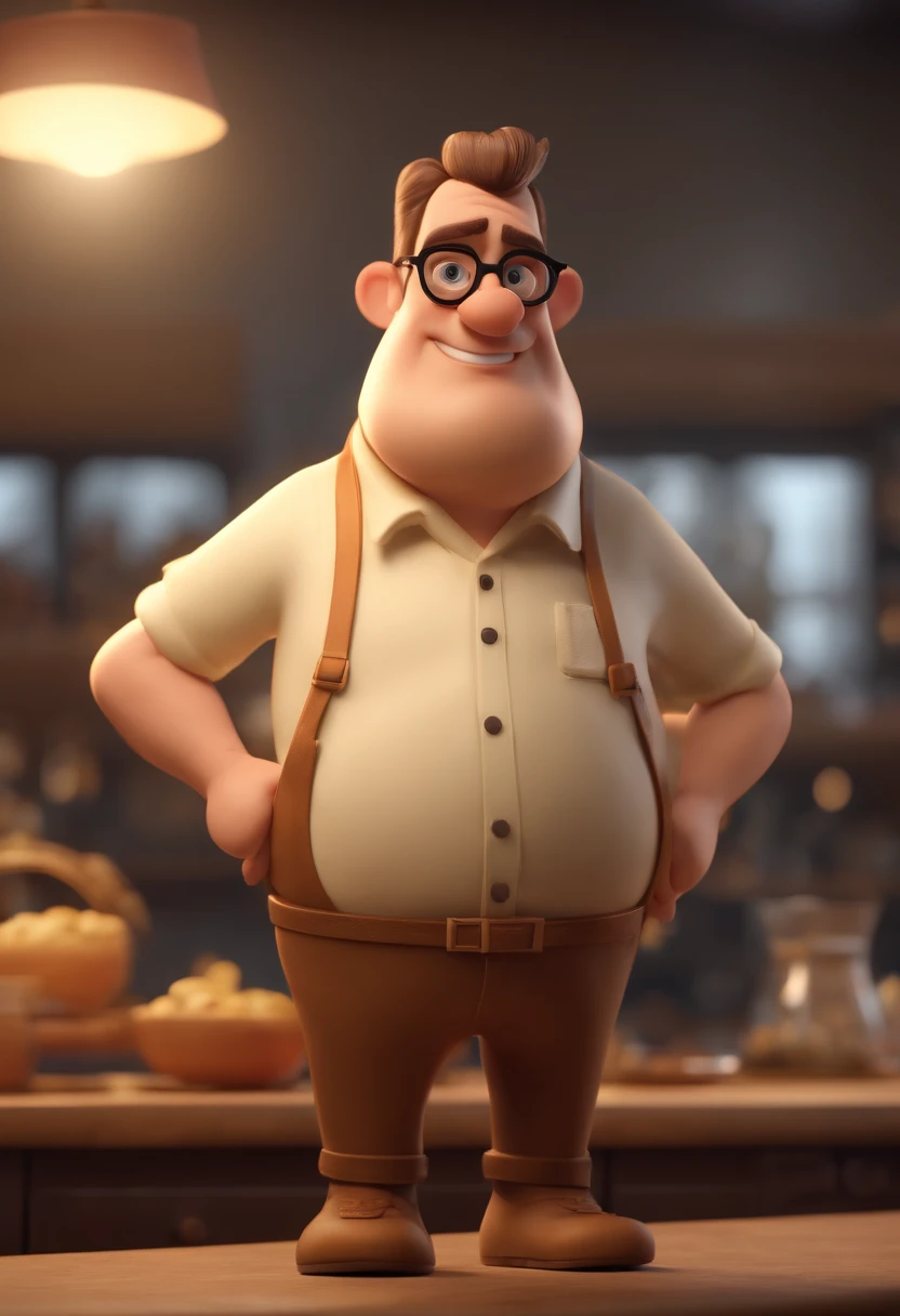 cartoon character of a man 40 years old a little fat with transparent frame glasses, a yellow shirt, no beard, no mustache and with white apron, animation character, Stylized character, animation style rendering, stylized 3D, Arnold Maya render , 3d stylized rendering, toon rendering keyshot, 3D Character, 3D Character, Stylized 3D Rendering, 3D Character Rendering, cartoon character, Closeup Character, Character Pose, (Pixar Style) (Masterpiece:1.2) (Bokeh) (best quality) (detailed skin) (detailed texture) (8k) (clay) (Cinematic lighting) (sharp focus