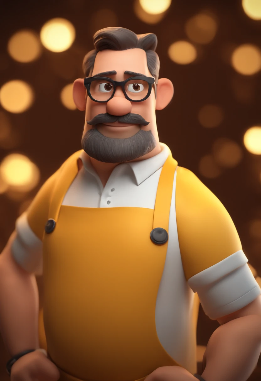 cartoon character of a man 40 years old a little fat with transparent frame glasses, a yellow shirt, no beard, no mustache and with white apron, animation character, Stylized character, animation style rendering, stylized 3D, Arnold Maya render , 3d stylized rendering, toon rendering keyshot, 3D Character, 3D Character, Stylized 3D Rendering, 3D Character Rendering, cartoon character, Closeup Character, Character Pose, (Pixar Style) (Masterpiece:1.2) (Bokeh) (best quality) (detailed skin) (detailed texture) (8k) (clay) (Cinematic lighting) (sharp focus