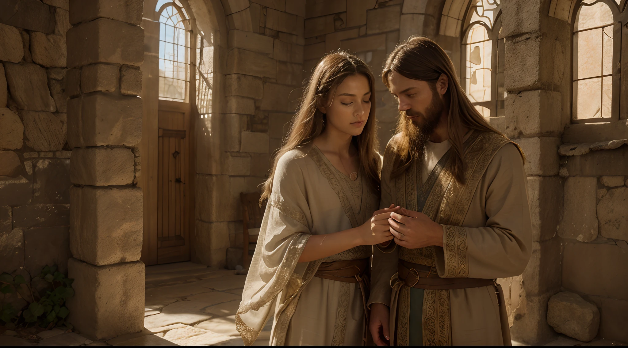 (best quality,highres,realistic,ultra-detailed),biblical,two blind men with tunic clothes, detailed tunic, long tunic sleeves, intricate tunic patterns, flowing tunic fabric, detailed hands, beards, eyes covered with cloth blindfolds, wrinkled expressions, sunlight filtering through the blindfolds, ancient setting, dusty environment, stone pathway, textured walls, sandals, subtle rays of light illuminating the scene.