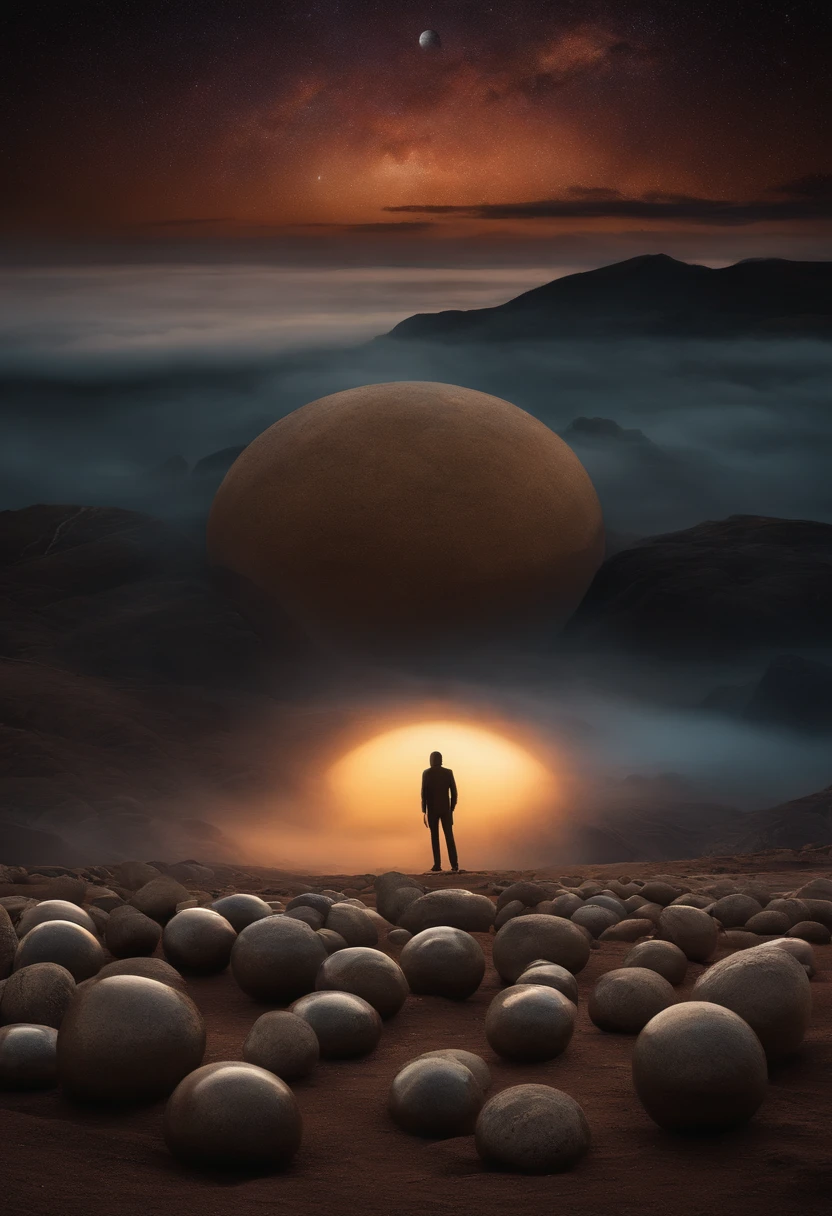 Create captivating images of extraterrestrials, Standing among many mysterious stone balls. These aliens should be depicted like this, To convey their otherworldly nature, And a sphere of stones should surround them, A hint of their importance or purpose. The scene should be spooky, Atmospheric light enhances wonder and curiosity.