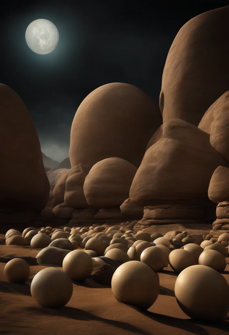 Create captivating images of extraterrestrials, Standing among many mysterious stone balls. These aliens should be depicted like this, To convey their otherworldly nature, And a sphere of stones should surround them, A hint of their importance or purpose. The scene should be spooky, Atmospheric light enhances wonder and curiosity.