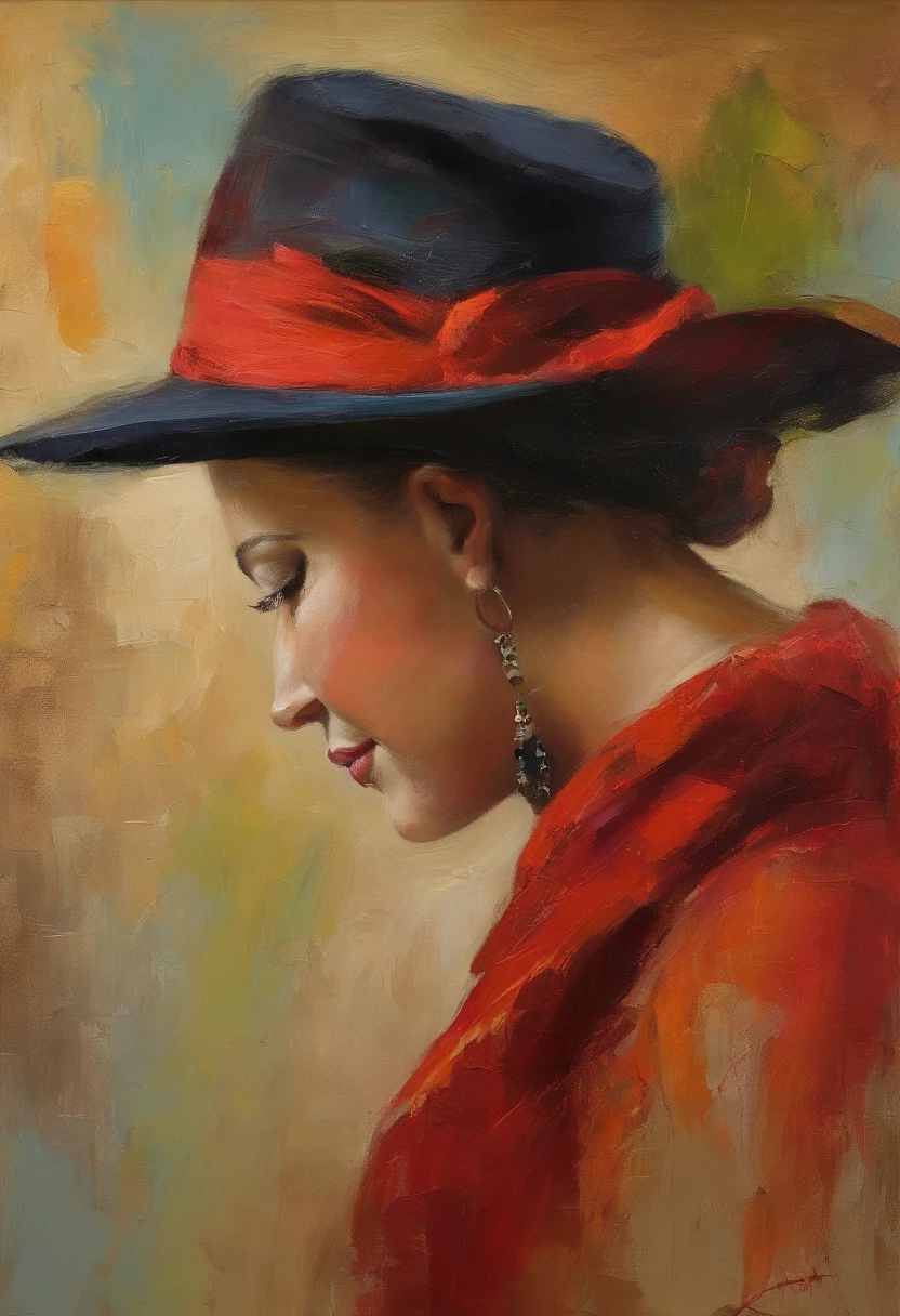retrato feminino, mulher muito bonita, longos cabelos pretos, olhos sorridentes, olhando bem para o ponto de vista, red hat, acrylic painting, Pincelada arrojada e expressiva, estilo impressionista, Rosto detalhado, epic background, Specialized lighting and shadows, pintura de arte.