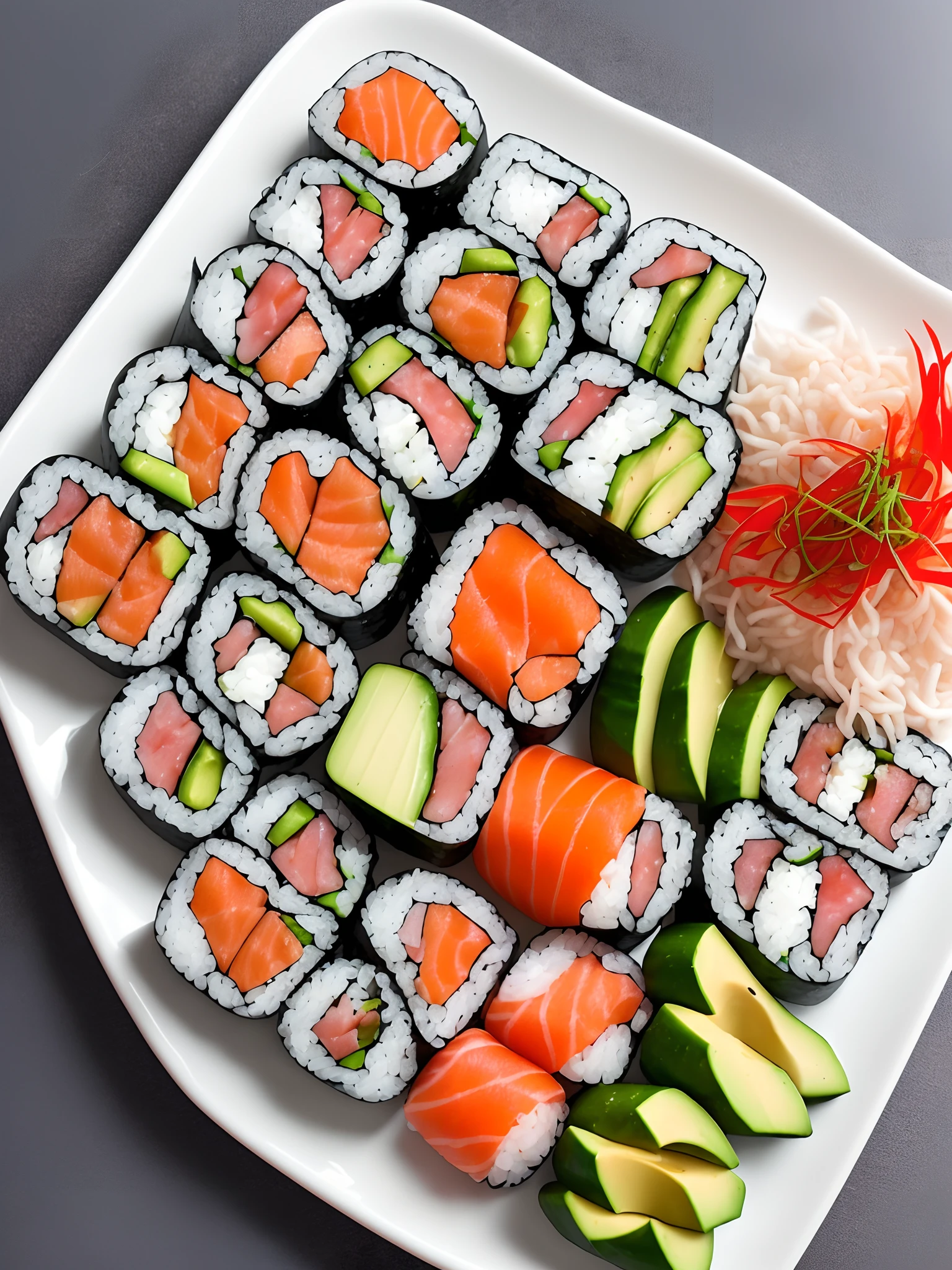 Generate a high-resolution photograph-like image of an orderly presented 10-piece California Sushi Roll. The photograph-like image should capture the details of the crab, avocado, and cucumber filling. The roll should be garnished with fresh avocado and cucumber slices. It should be placed on an elegant plate with chopsticks beside it. The background should resemble a sophisticated sushi bar setup.