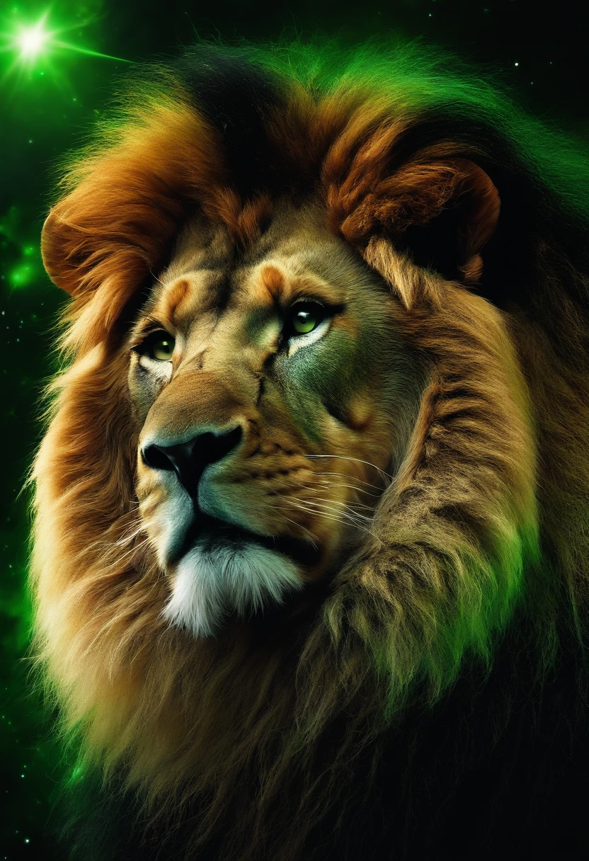 Cosmic Lion, olhos claros brilhantes, Biomechanicals, estranho, assustador, Pesadelo, cores muito brilhantes verde e branca, Green Light Particles, com luz brilhante, Mshiff, Arte do papel de parede, Papel de parede UHD