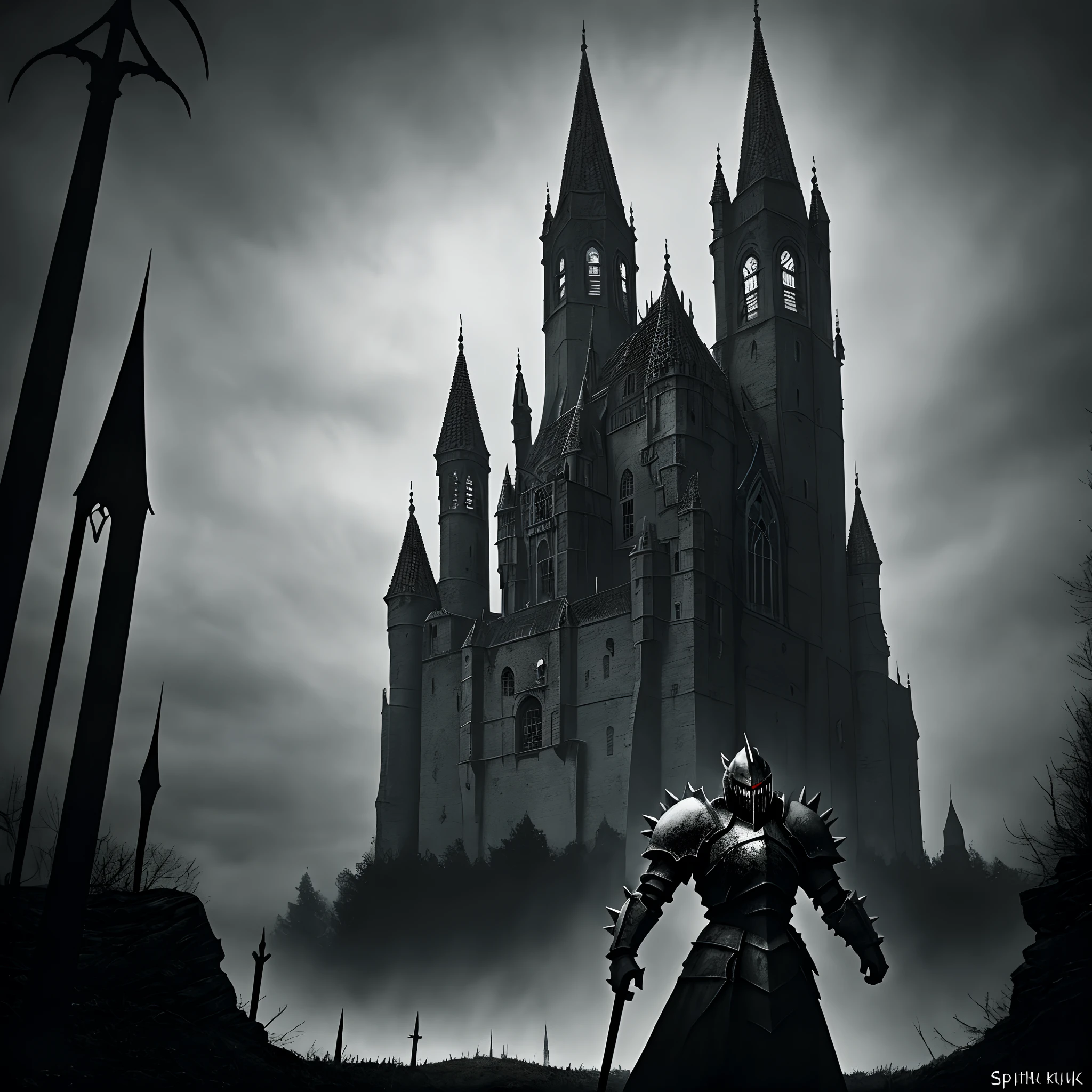 Ambient black metal album cover with spiky gothic knight with ???? in gothic castle
