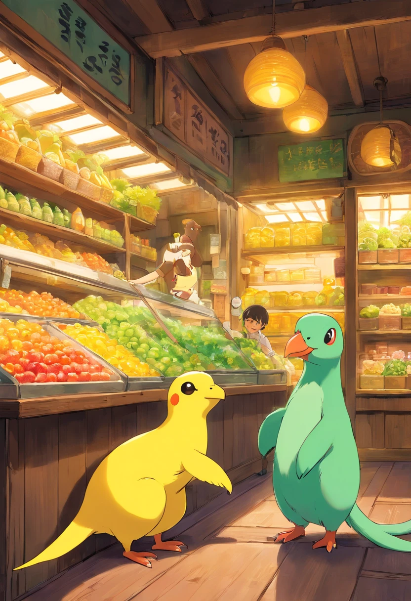 Dois ringneck juntos, um verde pequeno e outro amarelo e grande, Na Ice Fruit Shop , Luz solar fora da janela.