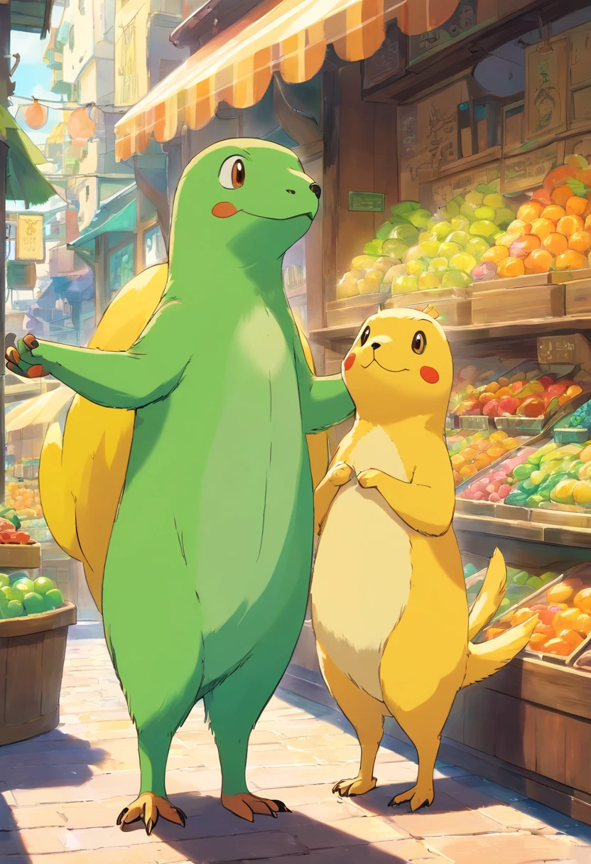 Dois ringneck juntos, um verde pequeno e outro amarelo e grande, Na Ice Fruit Shop , Luz solar fora da janela.