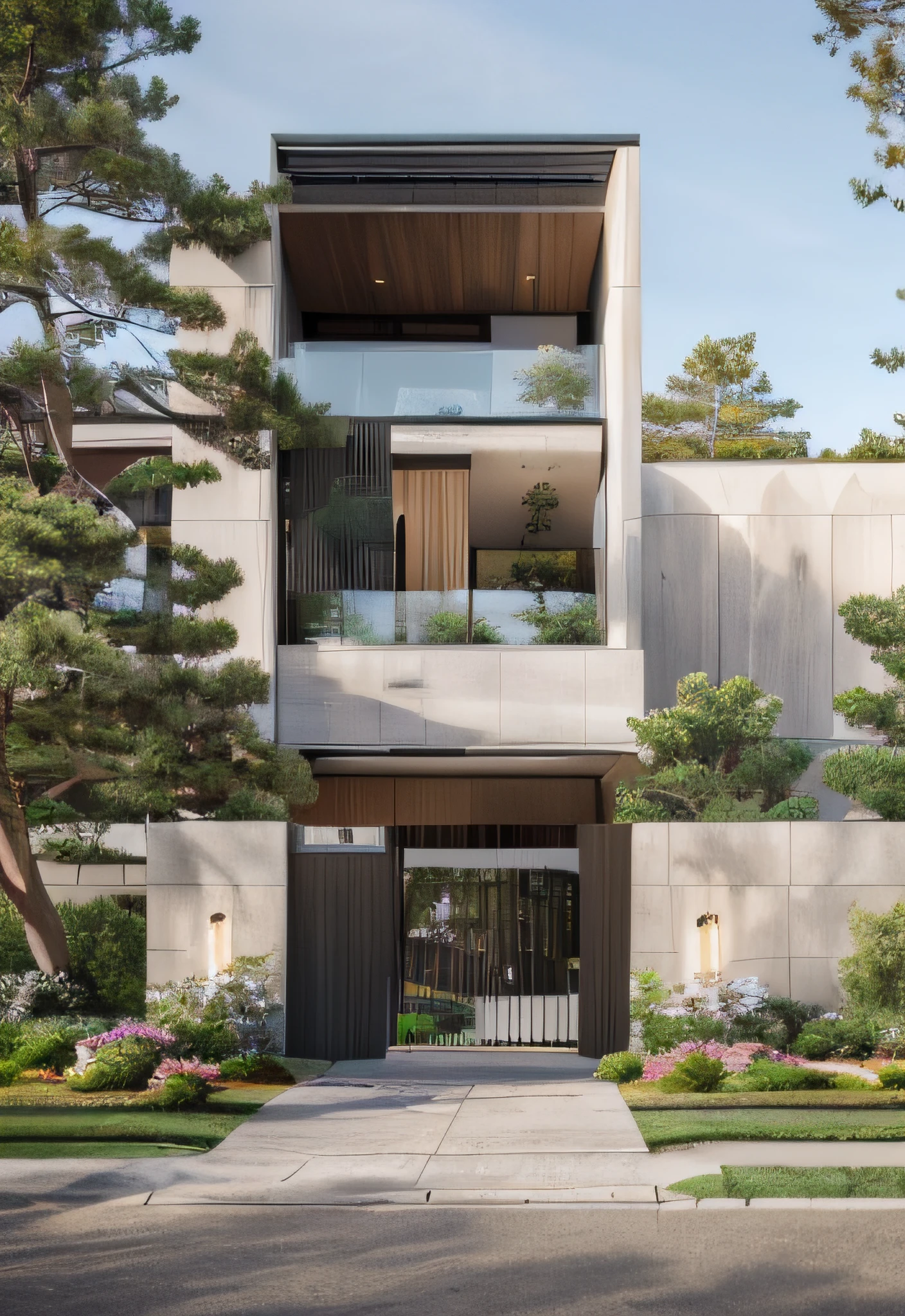 (masterpiece),(high quality), best quality, real,(realistic), super detailed, (full detail),(4k),8k,modern house exterior design,Modern architecture,Sandstone,whitewall,Beautiful_sky,Day light, no_humans, outdoors,sky,tree,Garden flower front of building,