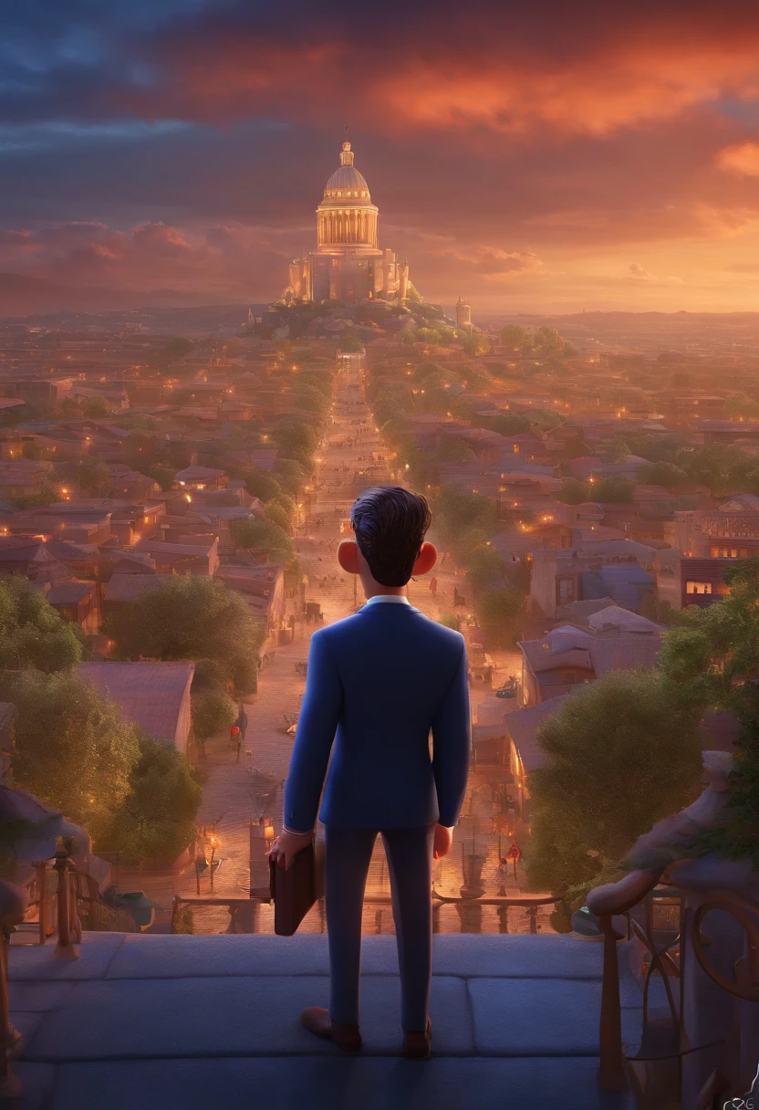 A city councilman looking at a dream project inspired by Pixar animation, de perto. The character takes center stage with captivating facial expressions, oferecendo um toque de irrealidade