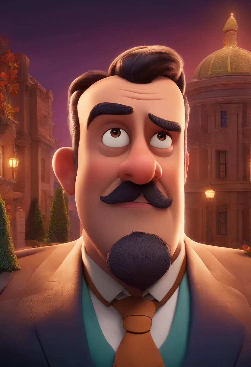 A city councilman looking at a dream project inspired by Pixar animation, de perto. The character takes center stage with captivating facial expressions, oferecendo um toque de irrealidade