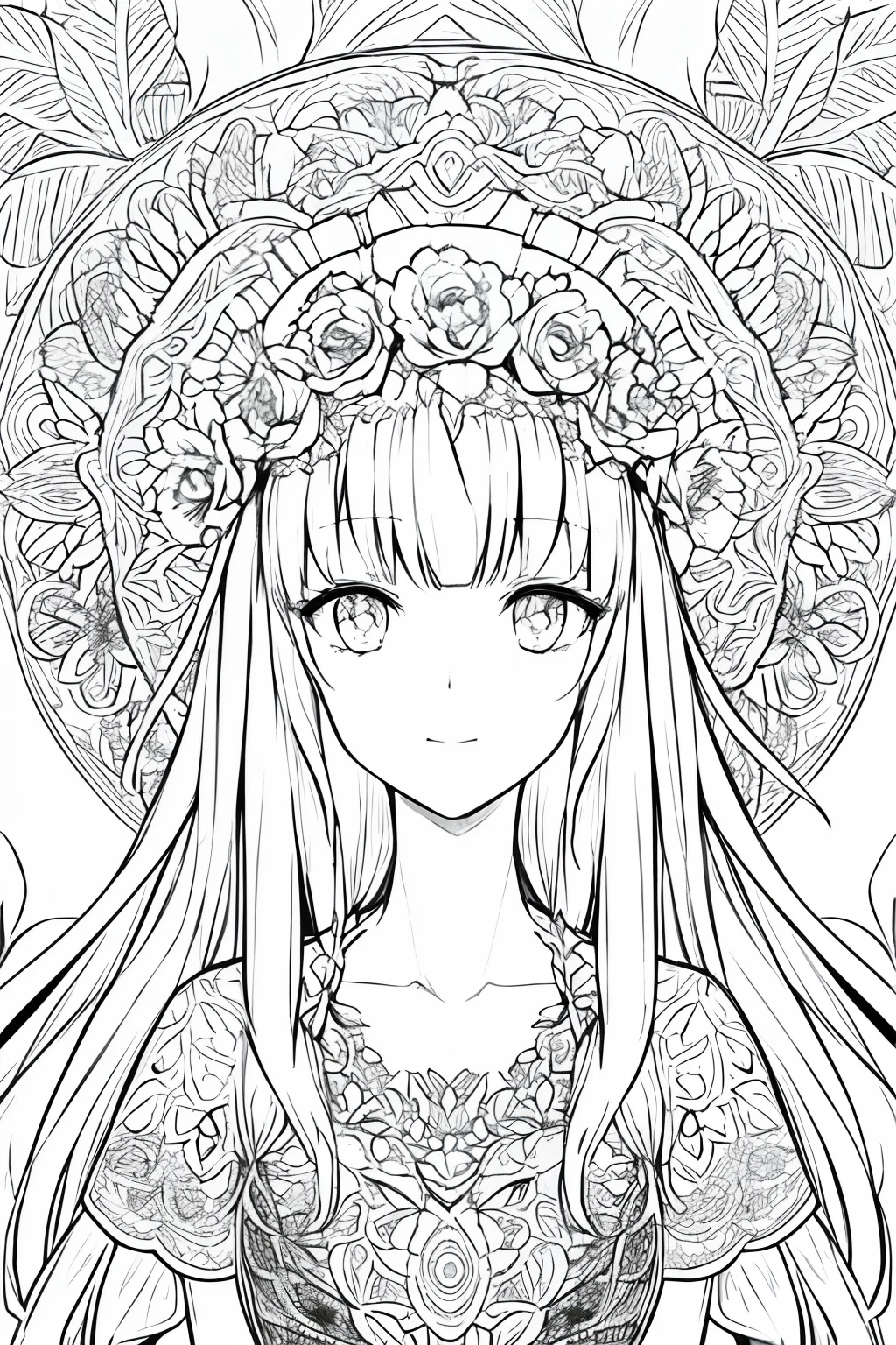Giraffe, flower crown, mandala,lineart, monochrome