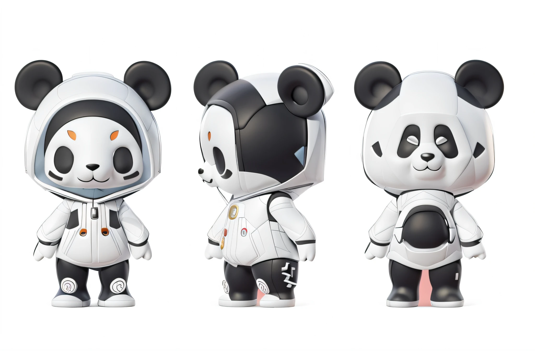 Three cartoon pandas dressed in black and white costumes stand side by side, droid，high quality character design, character design contest winner, Stylized character design, lunar themed attire, very stylized character design, Official concept art, Game character design, panda panda panda, Character design, 3D characters, character design concept, Full body character design, [ Character design ]