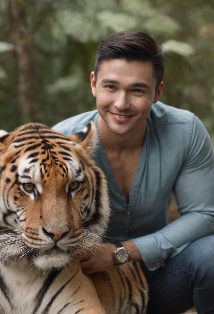 There is a vietnamese man with smile and feeding tiger when posing for a photo, inspirado em Ludovit Fulla, Avatar do Second Life, Gorjetando seu fedora, inspirado em Luca Zontini, bonito impressionante realista, inspirado em Maximilian Cercha, Christian, inspirado em Ramon Pichot, inspired by Kristian Kreković, inspirado em Adam Dario Keel, chilled out smirk on face