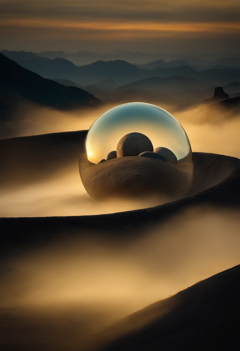 Create captivating images of extraterrestrials, Standing in a mysterious stone ball. These aliens should be depicted like this, To convey their otherworldly nature, And a sphere of stones should surround them, A hint of their importance or purpose. The scene should be spooky, Atmospheric light enhances wonder and curiosity.