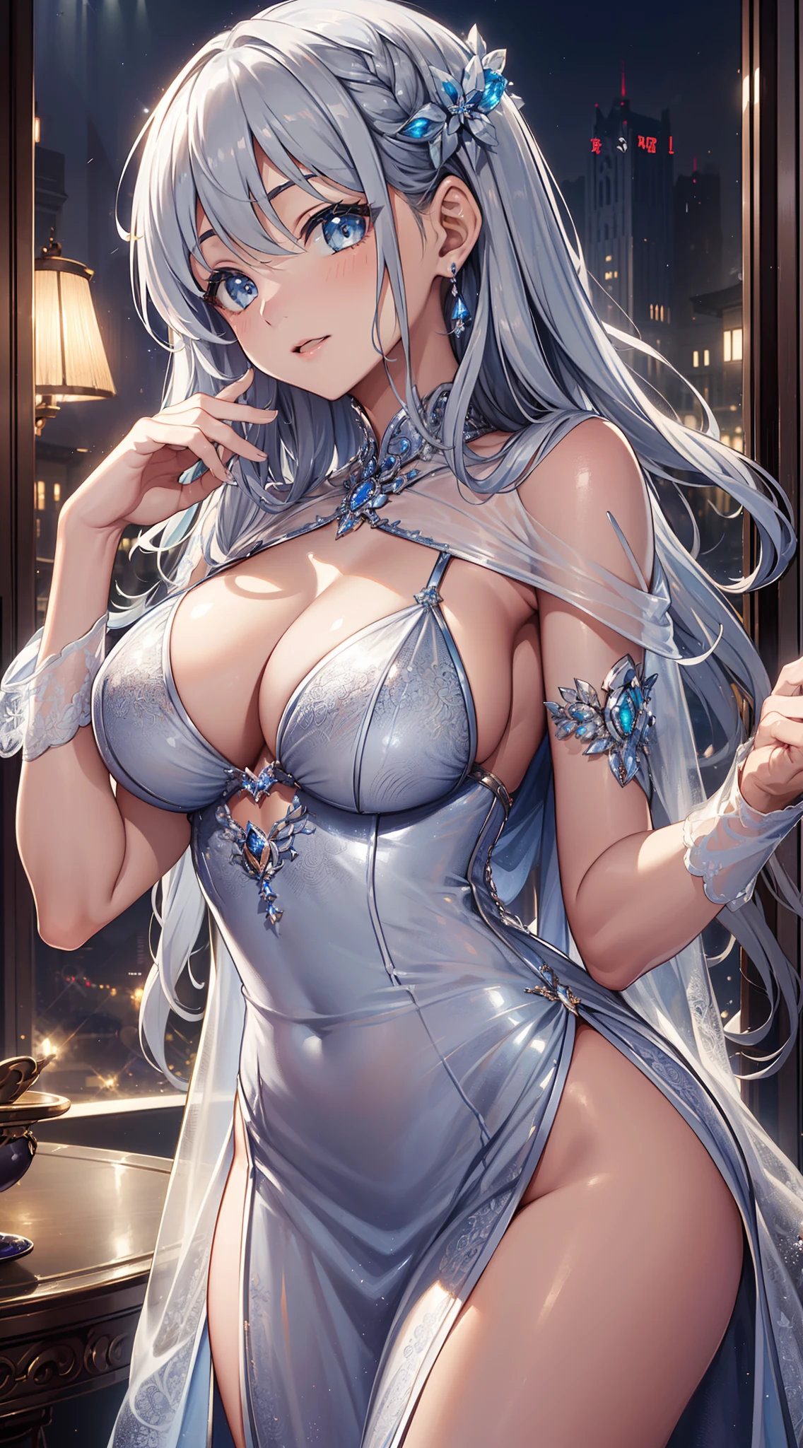 top-quality、Top image quality、tmasterpiece、8kK、Girl vs((、Best bust、Medium bust、Enchanted、Seductive posture、Leigh's sapphire eyes、Breasts wide open,Slightly curly silver hair、big bast、slenderness、Great Valley、Silver dress、White sheer tunic dress,Reflectors))highest quality、beautiful art、Background with((luxury hotel、Night view windows)))masutepiece、visual art、depth of fields、Diamonds adorn clothes,glitters,full bodyesbian