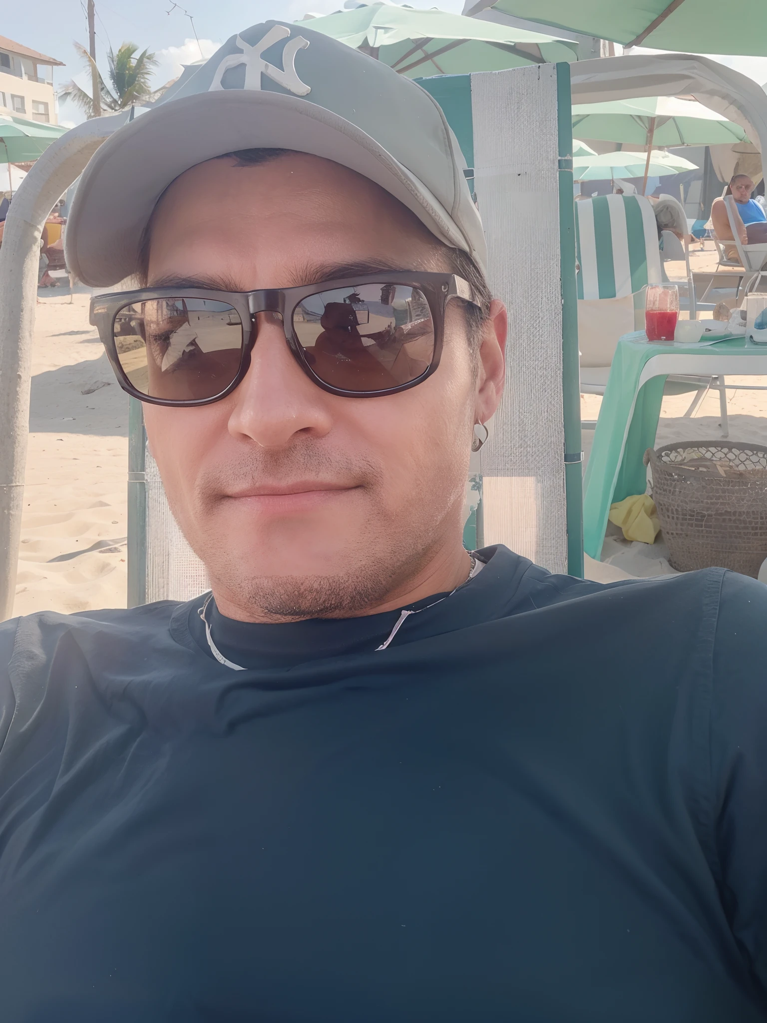 Personagem forte, destemido, who is resting on a beautiful beach after overcoming great challenges
