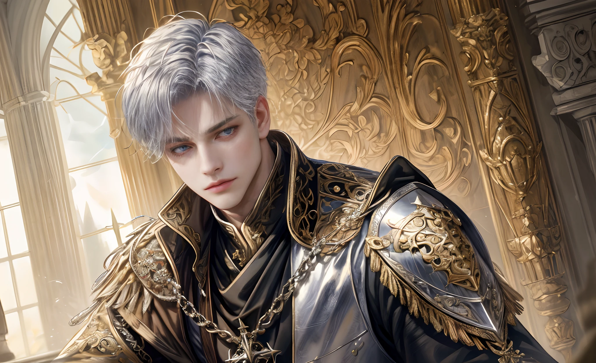 (Absurdres, Intricate Details, Masterpiece, Best Quality, High Resolution, 8k), 1 male, thin, young, aged up, masked, finely detailed eyes and face, auburn low-fade hair, portrait,  looking at viewer, solo, half shot, detailed background, (light fantasy theme:1.1),  focusing, mercenary,  sunshine, floating scraps,  color silver armor, divine aura, bright realistic lighting, marble castle, intense atmosphere, circlet, coat of arms, Depth of Field, VFX. wear an eyepatch, open two eyes