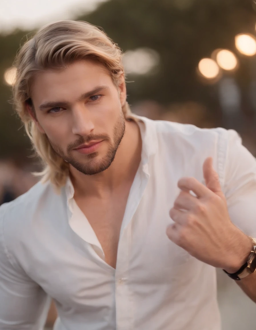 Foto de um lindo e bonito homem australiano, olhos azuis, brinco, barba clara,Messy short light blonde windy hair, Vire o cabelo, ampliado em close-up em um retrato bem cortado, Descend one (Desfile de Moda em um Desfile de Moda Cena Modelo Pessoas:1.2) Use um (Roupa de Designer Casual:1.3) (Expensive cell phone in hand:1.3) (golden illumination:1.2) Detalhes de plano de fundo de objetos em primeiro plano (master part:1.2) (photoreallistic:1.2) (Bokeh:1.2) (best quality) (color grading) (pele detalhada:1.3) (complexo) (8k) (HDR) (Kinematic lighting:1.3) (Crisp Focus), messy windy hair