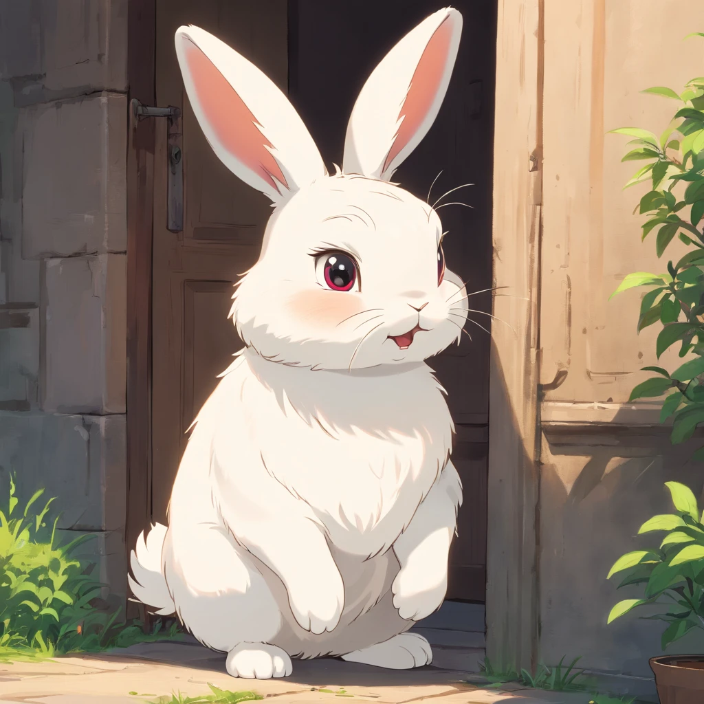 (((Cartoon Character 1.3))), (((Super Cute Bunny))), Standing rabbit with drooping ear, troubled expression, HD реалистичный, Black Eyes, High-resolution image, medium plan, Stamped image in a frame
