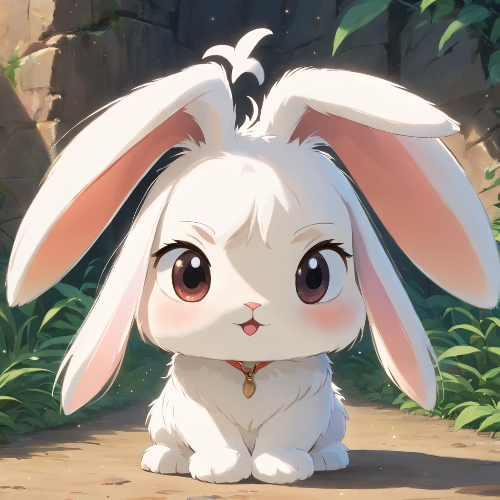 (((Cartoon Character 1.3))), (((Super Cute Bunny))), Standing rabbit with drooping ear, troubled expression, HD реалистичный, Black Eyes, High-resolution image, medium plan, Stamped image in a frame