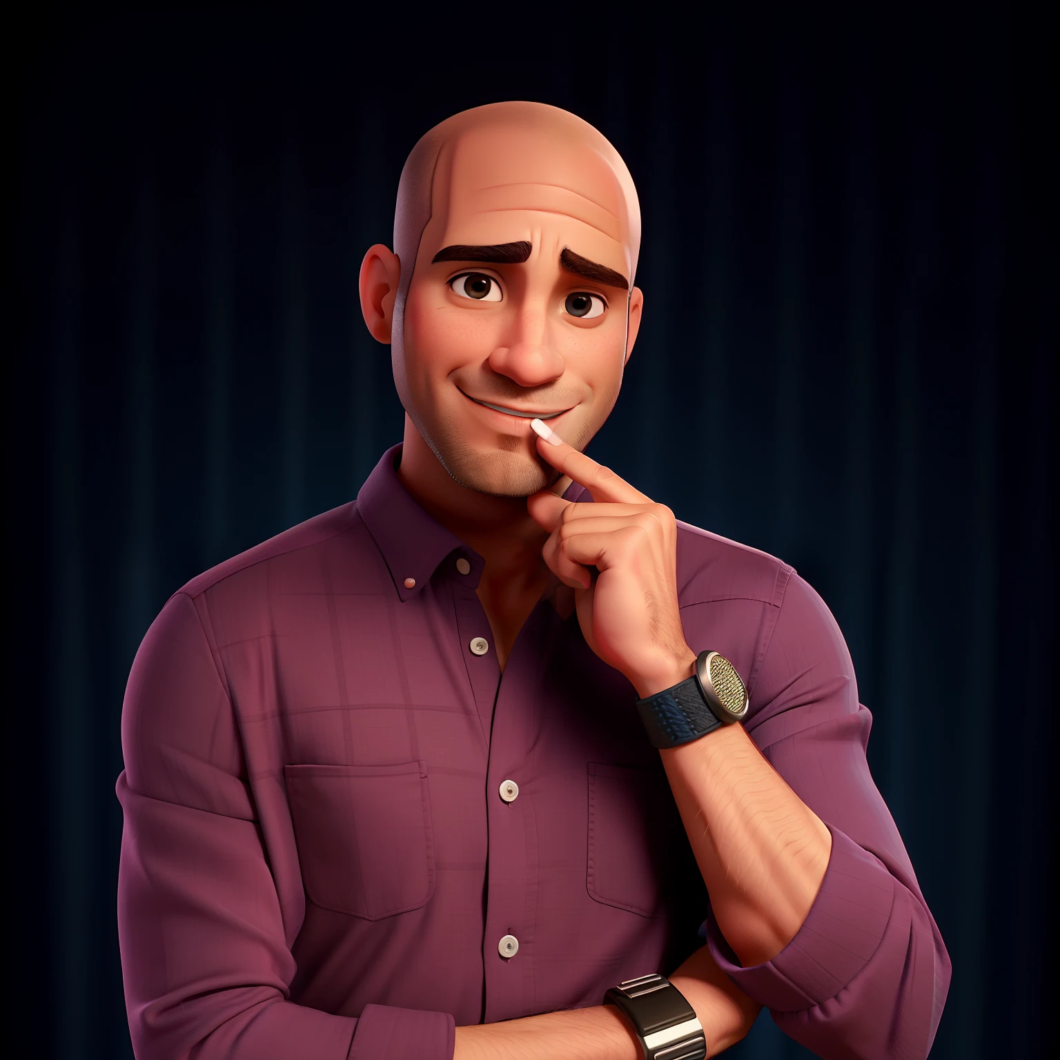 Um homem careca charmoso e sexy de 34 anos, sereno, nariz comprido, sobrancelhas finas, com um dedo na boca, num plano de fundo azul escuro