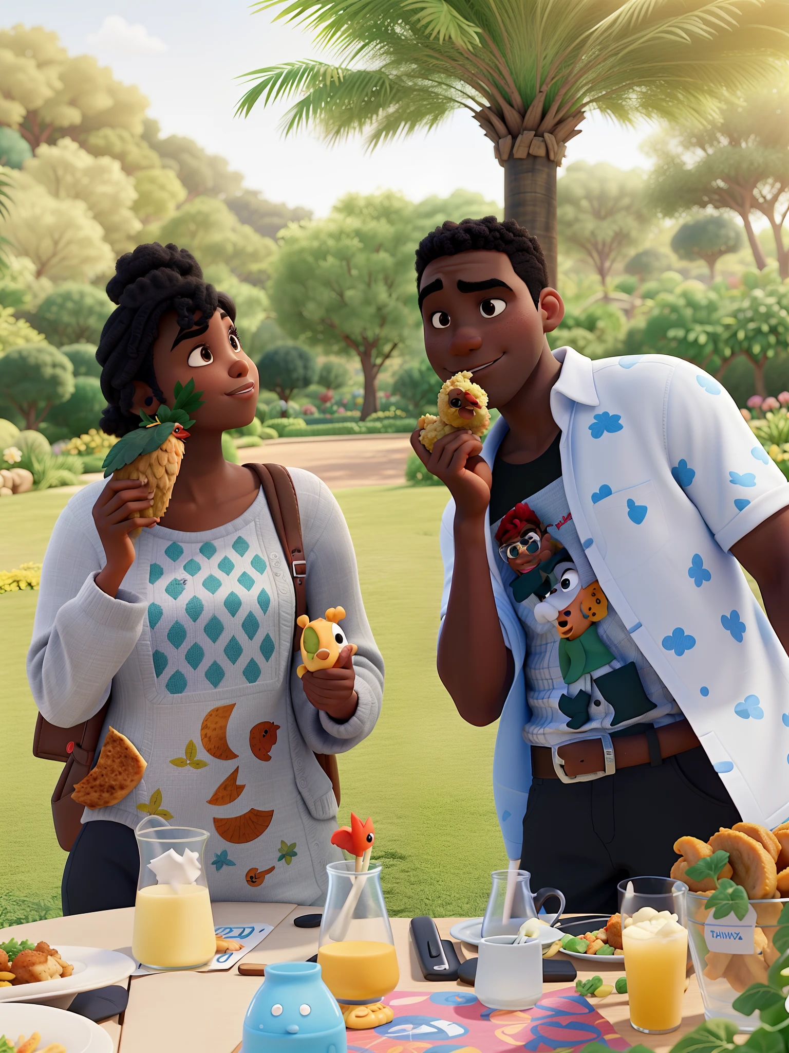 Poster no estilo Disney pixar, alta qualidade, melhor qualidade, Two black friends in a garden eating piece of chicken