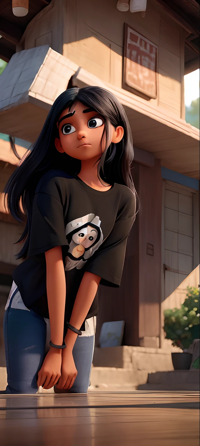 1 girl((Indian)), no change in face,ultra realistic,standing, wearing black oversized t shirt, Blue jeans,face is slightly tilt to right, posing for camera,leaning forward