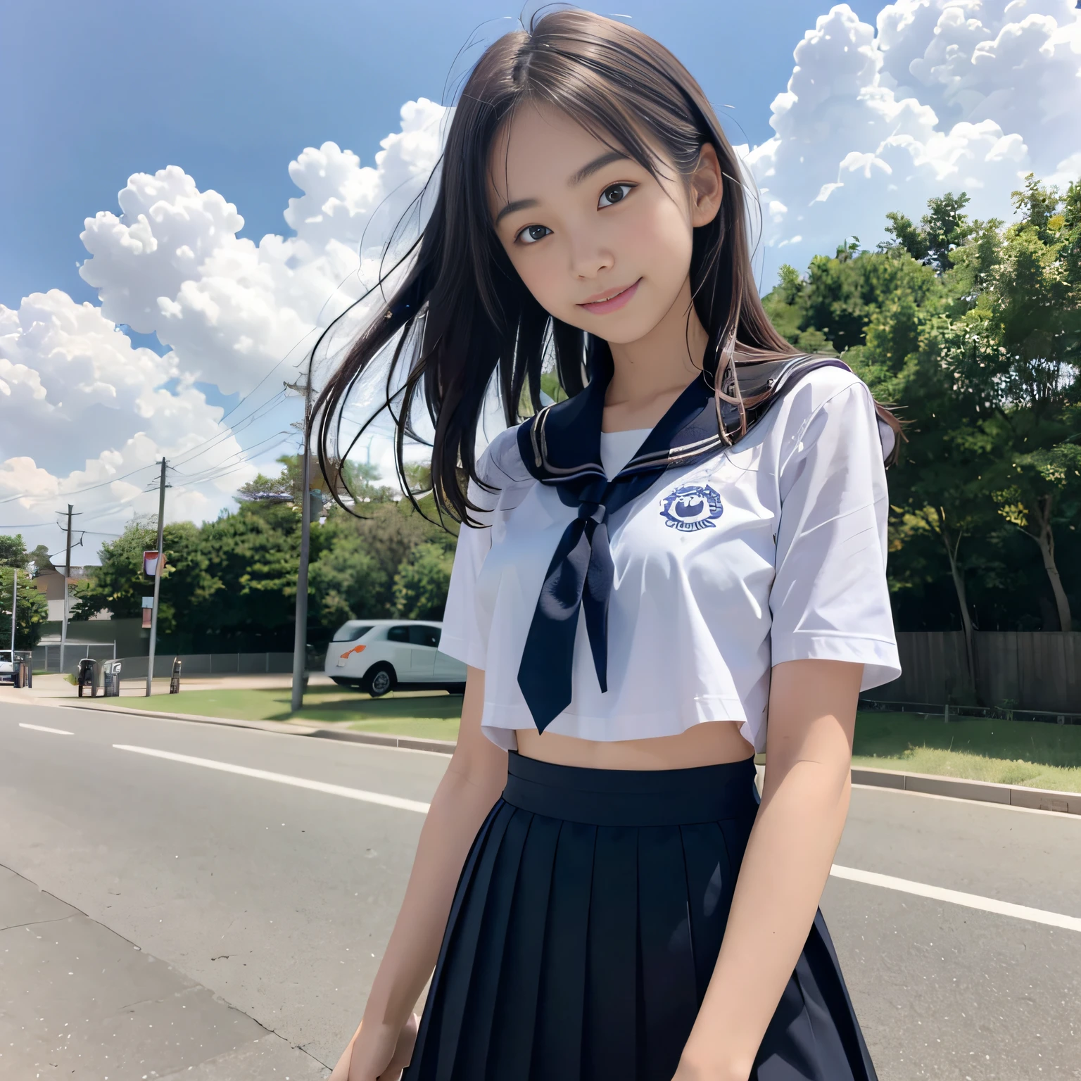 One incredibly cute girl,Super cute girl、White skin、(Wearing a sailor uniform)、 Professional Lighting、Tokyo Street,night, Streetscape,City lights,Upper Body,close,smile,, (8k, RAW Photos, highest quality, masterpiece:1.2),(Realistic, photo-Realistic:1.37),Pull up your skirt、Panties are visible、