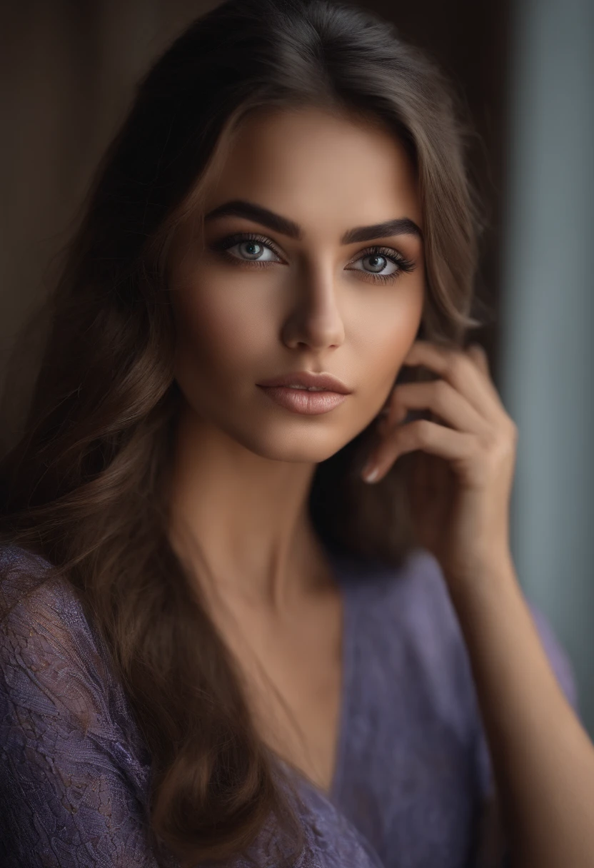 Arafed woman completely ,hispanic, standing looking at the camera , fille sexy aux yeux bruns, ultra realist, Meticulously detailed, Portrait Sophie Mudd, cheveux bruns et grands yeux, selfie of a young woman, Dubai Eyes, Violet Myers, sans maquillage, maquillage naturel, looking straight at camera, Visage avec Artgram, Maquillage subtil,