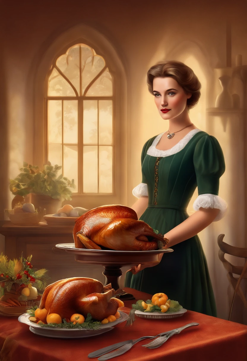 a woman standing in front of a table with a turkey on it, a storybook illustration by Mary Davis, 
Lady Davis, pixabay contest winner, synthetism, storybook illustration, flat shading, flickering light