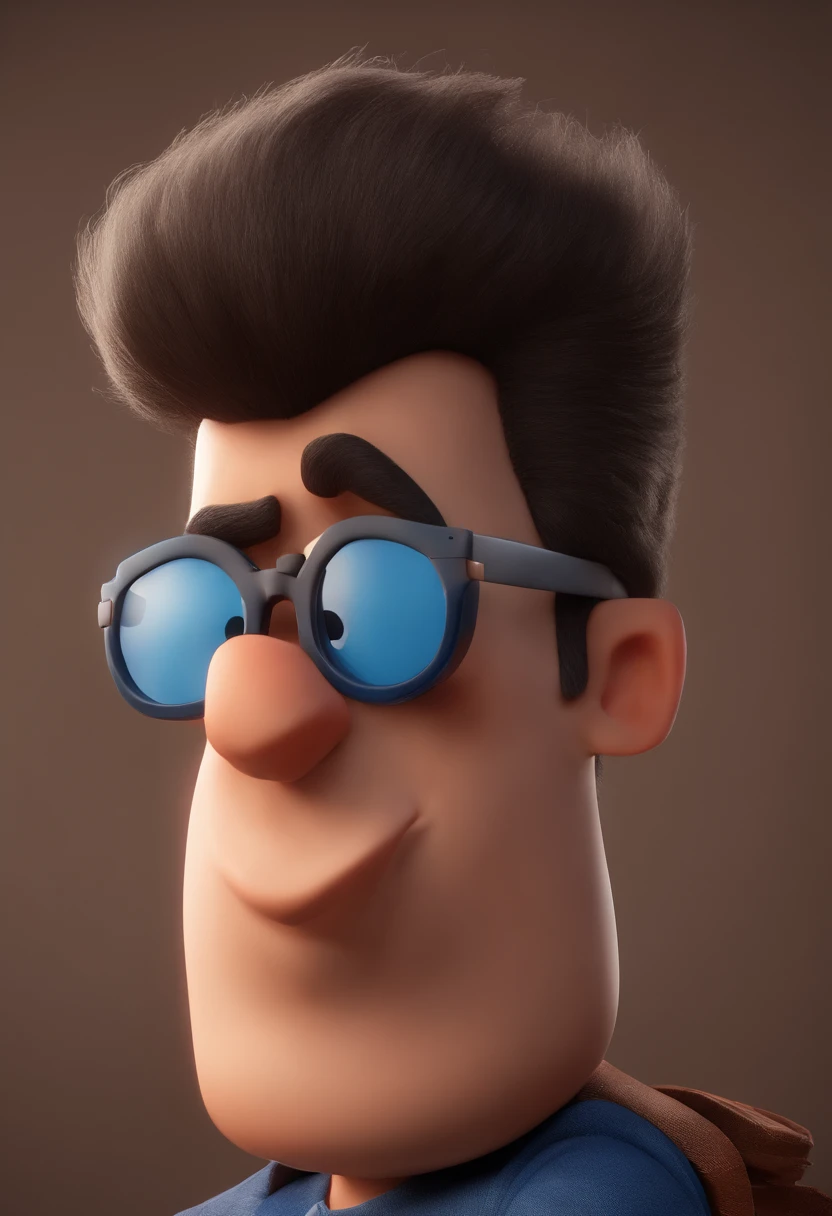Cartoon character of a man wearing black glasses and a blue shirt, um personagem animado, Caractere estilizado, animation style rendering, 3D estilizado, Arnold Maya render, 3 d render stylized, toon render keyshot, Personagem 3D, Personagem 3D, 3d rendering stylized, 3 d character render, personagem de desenho animado, Personagem de close up, Pose de personagem, (Estilo Pixar) (master part:1.2) (Bokeh) (best quality) (pele detalhada) (textura detalhada) (8k) (argila) (Cinematic lighting) (foco nítido,Senta e vaza a parte superior do corpo