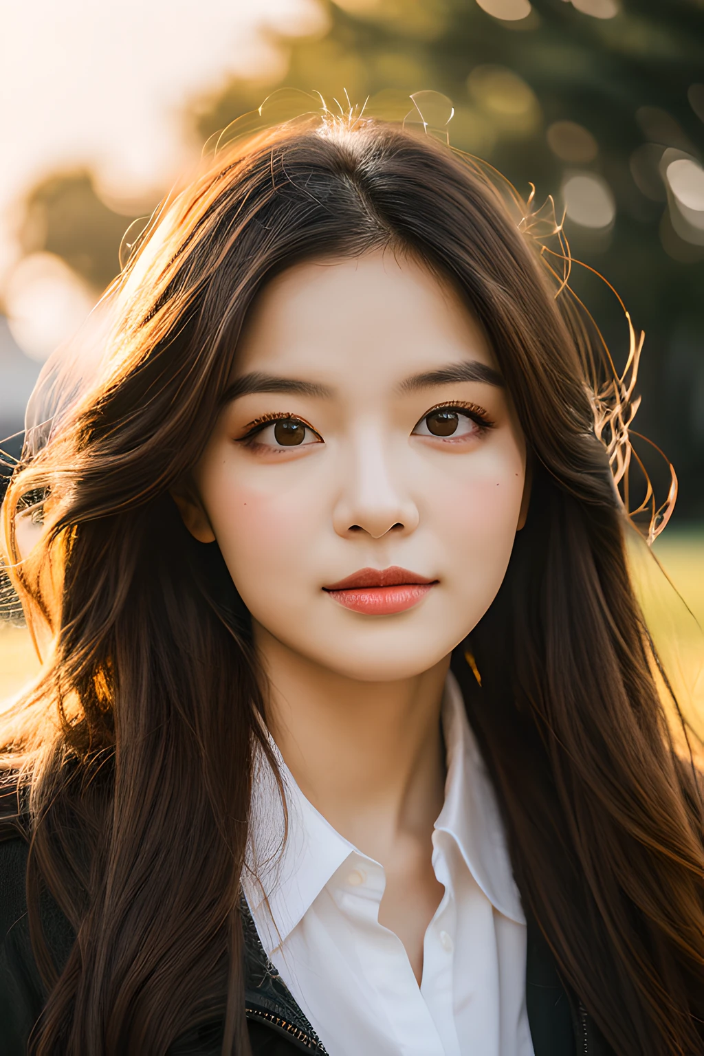 1girl, heart shape face, detailed eyes and face, portrait photography, golden hour, natural light, public park background, 8k, UHD, intricately detailed