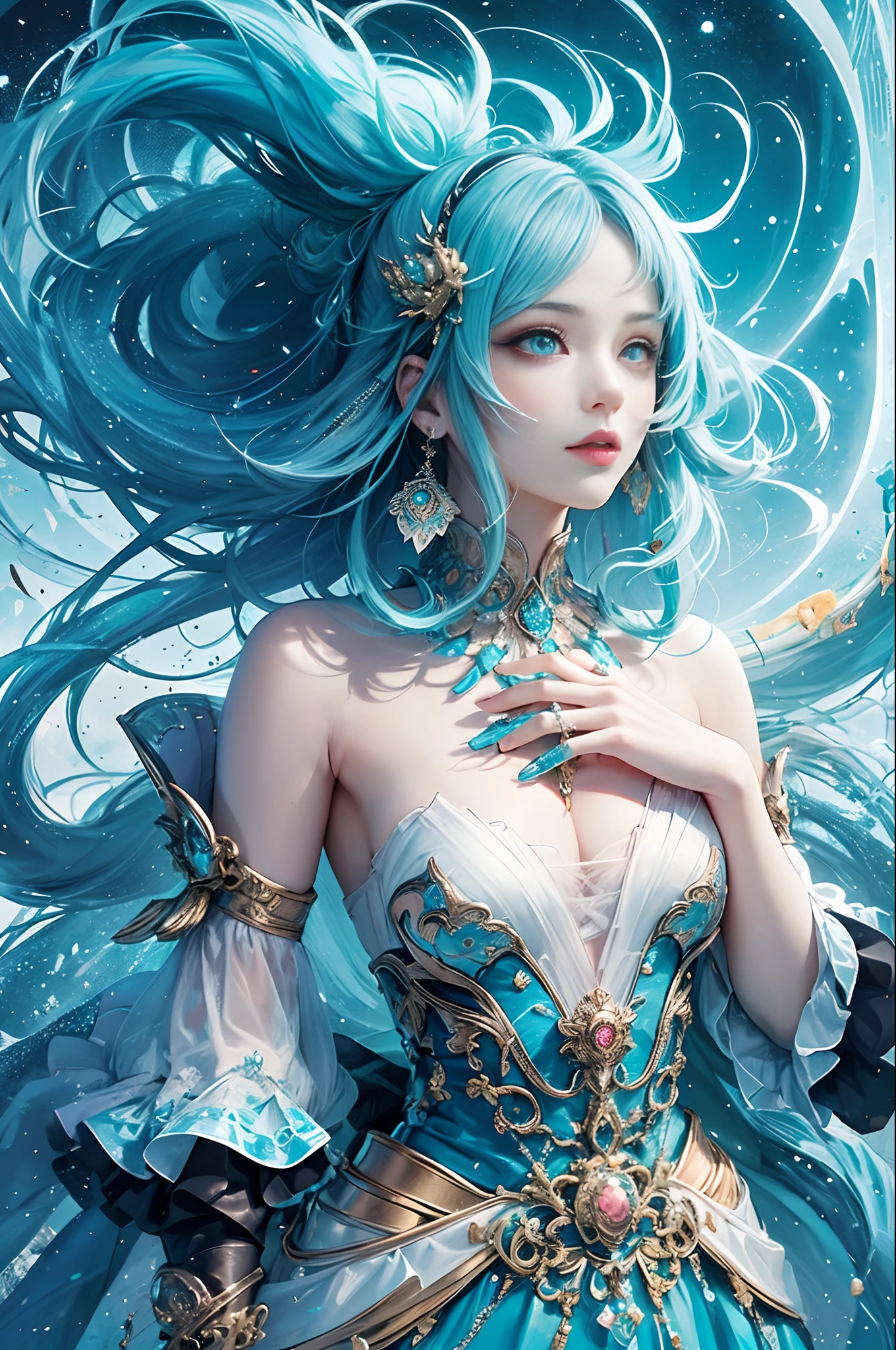(masutepiece, of the highest quality, Best Quality, Official art, Beautiful and aesthetic:1.2), (1girl in), Extremely detailed,(Fractal Art:1.3),Colorful,Highest detail,Eye color is turquoise blue、