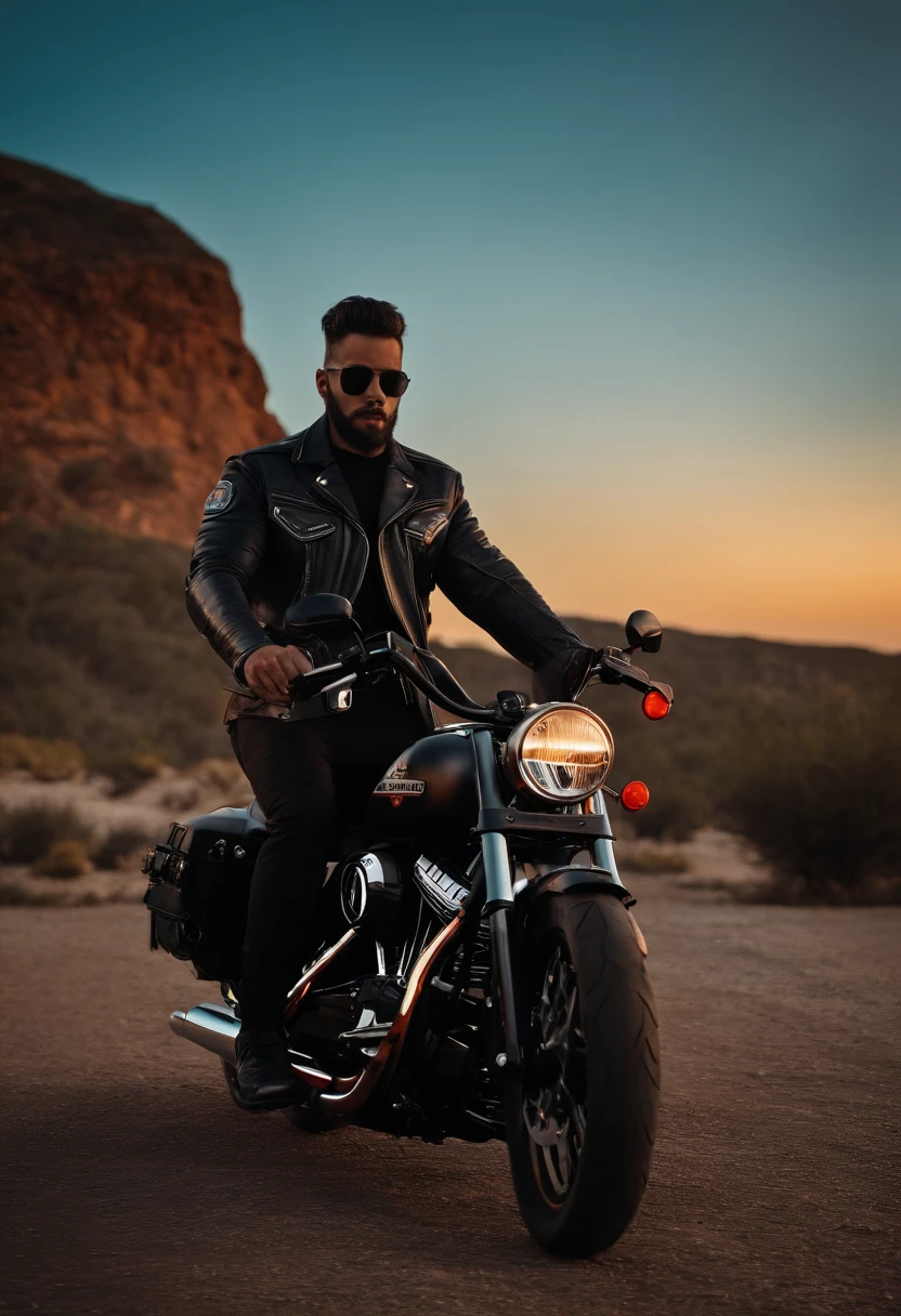 Homem de cavanhaque e cabelo curto com casaco de couro preto sentado na sua motocicleta Harley Davidson.