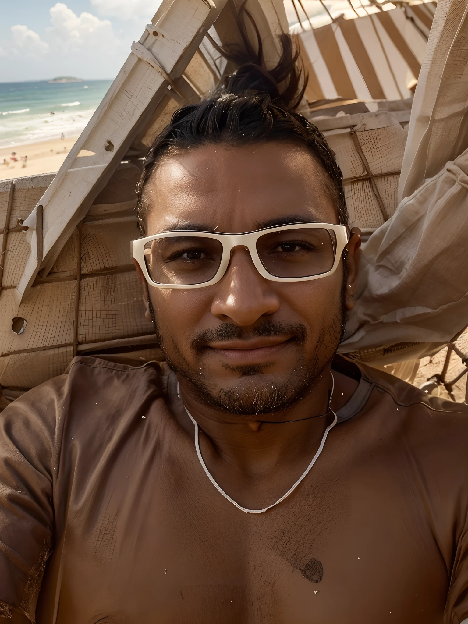 personagem forte, destemido, who is resting on a beautiful beach after overcoming great challenges