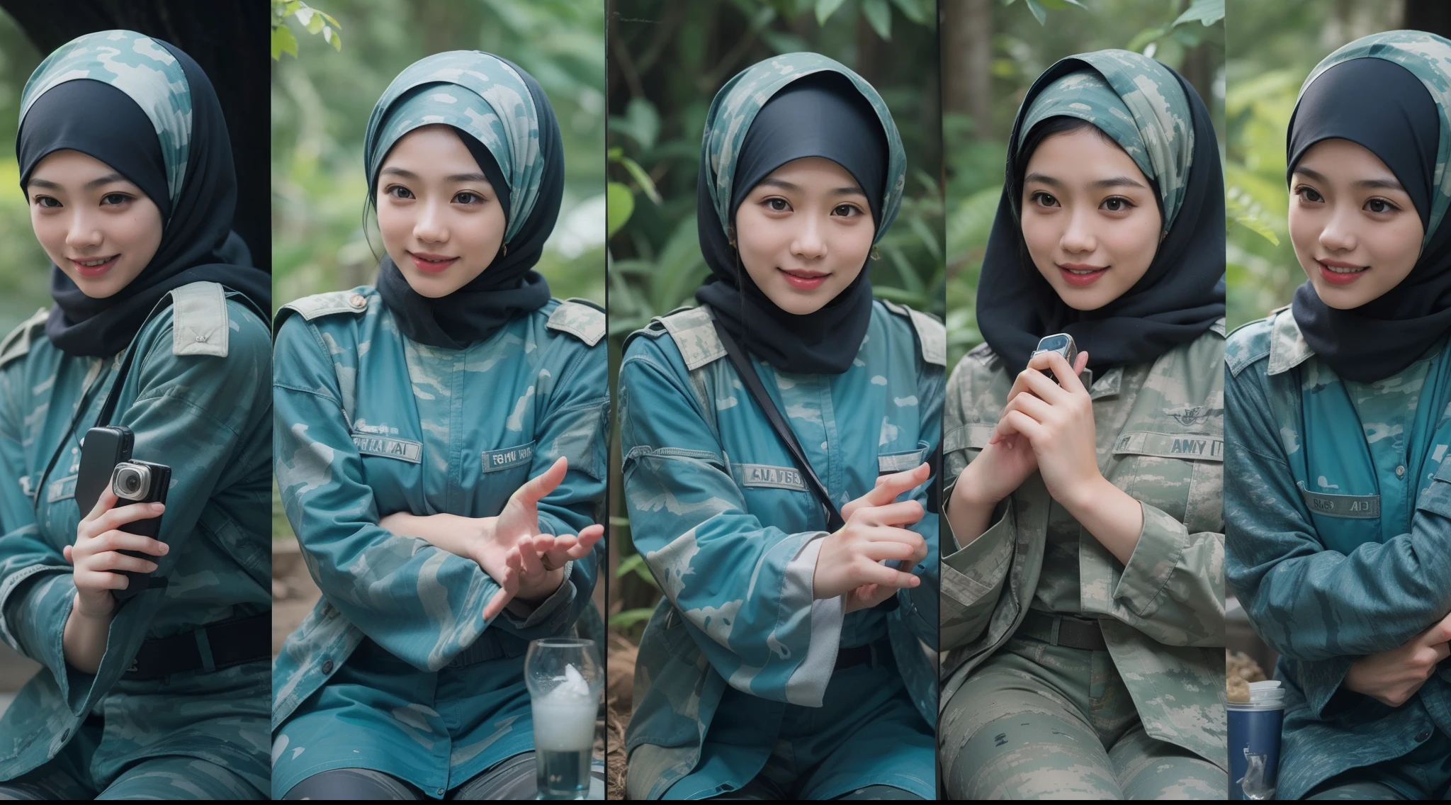 4 beautiful matured 40 years old malay girl in hijab taking picture in a dark jungle, wear bright blue digital camouflage military uniform, bright blue military uniform, army cadet, blue digital camouflage, friendly and laughing situation, laughing, happy, detailed skin texture, soft lighting, high quality, movie shot framing, ultra detail, 8k, style raw, cool color grading, photo taken by Super 8mm lense, Establishing shot, Deep Focus cinematography effect,