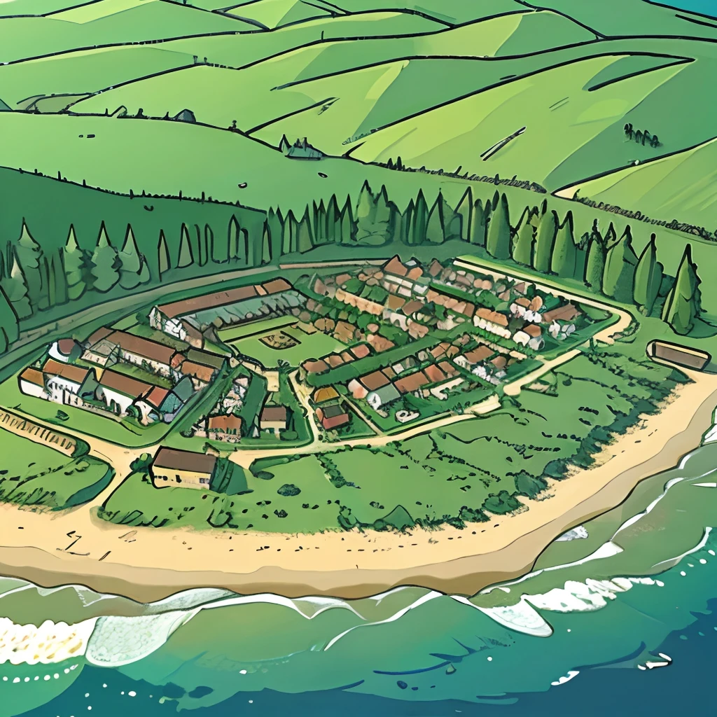 Large coastal medieval town, taiga forest, overhead view,