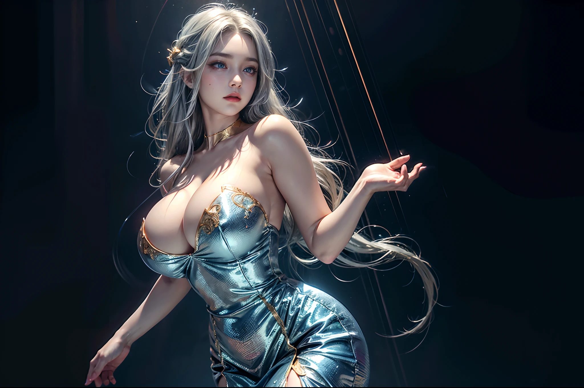 4k, fantasy art, photo realistic, dynamic lighting, artstation, poster, volumetric lighting, very detailed faces, award winning, 1girl, deep shadow, beautiful shot, soft smile, (full details silver and gold Strapless dress), glowing dress, medium long hair, silver hair, random hairstyles, beautiful detailed eyes, long eyelashes, mascara, eyeliner, (blue eyes:1.2), glowing eyes (massive breasts, (huge breasts:1.4), cleavage, thick boobs, thick waist), Moles on her chest, (wide hips, body curvy), random pose, beautiful background, (1girl), solo