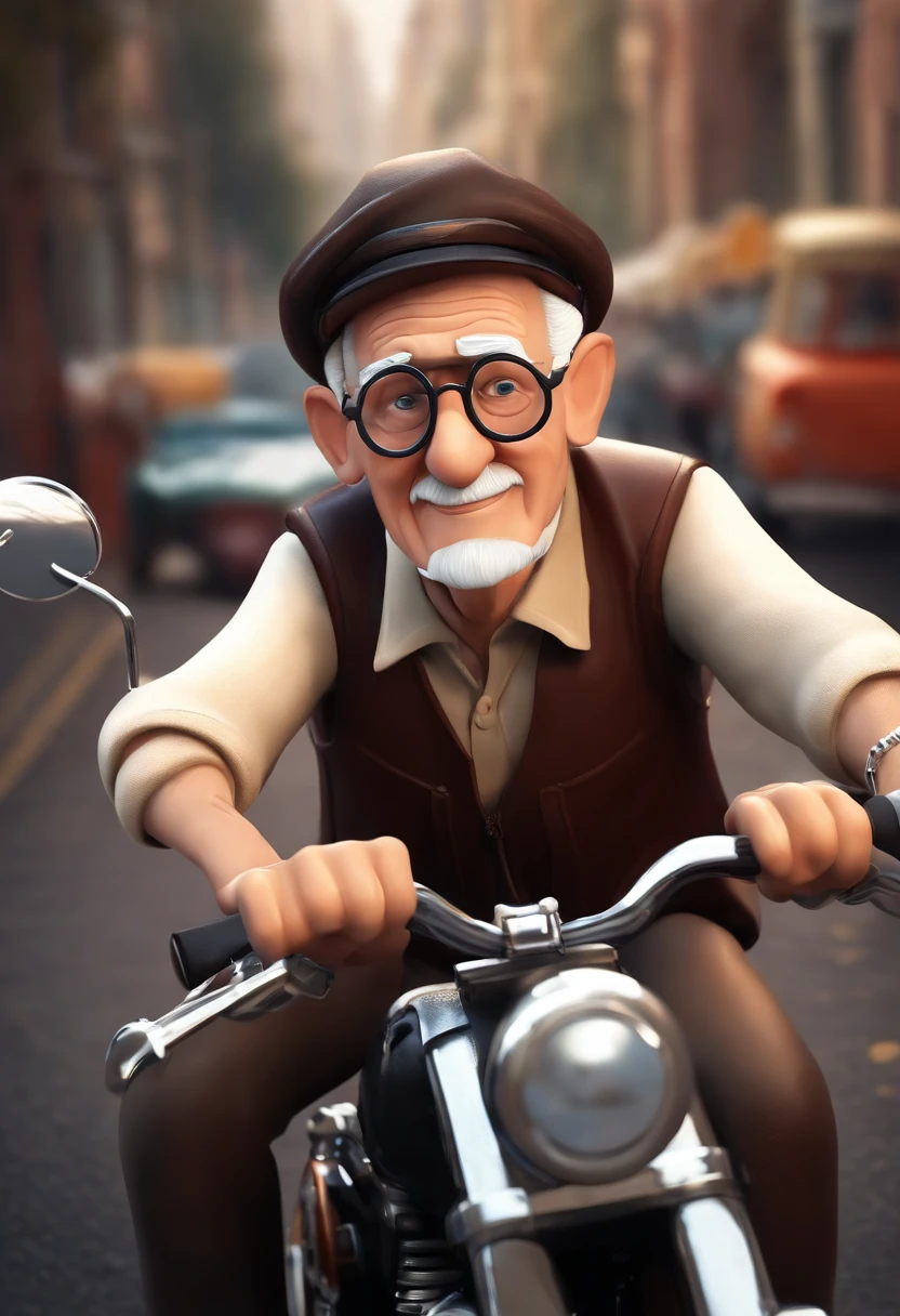 a 3D Disney Pixar style poster of an elderly man with glasses, pilotando uma Harley Davison 883 em um passeio de motocicleta