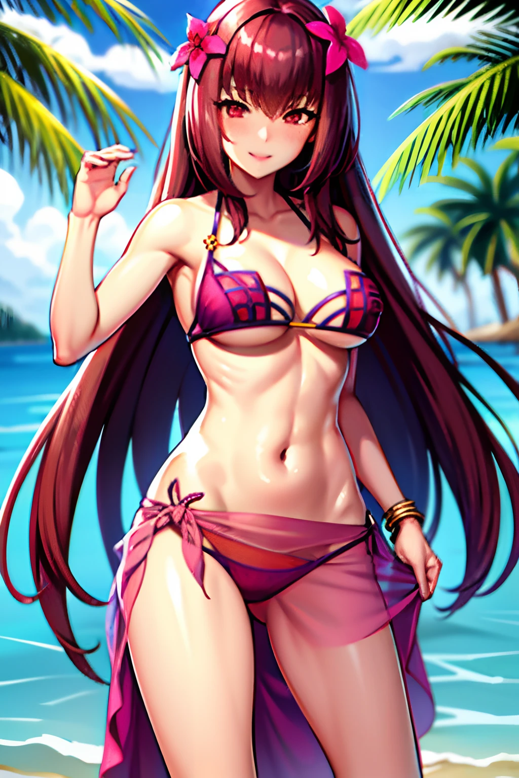 scathach, scathachBikini, masterpiece, best quality, absurdres, 1girl, standing, wet, navel, pink bikini, beach, hair flower, looking at viewer, smile, sarong